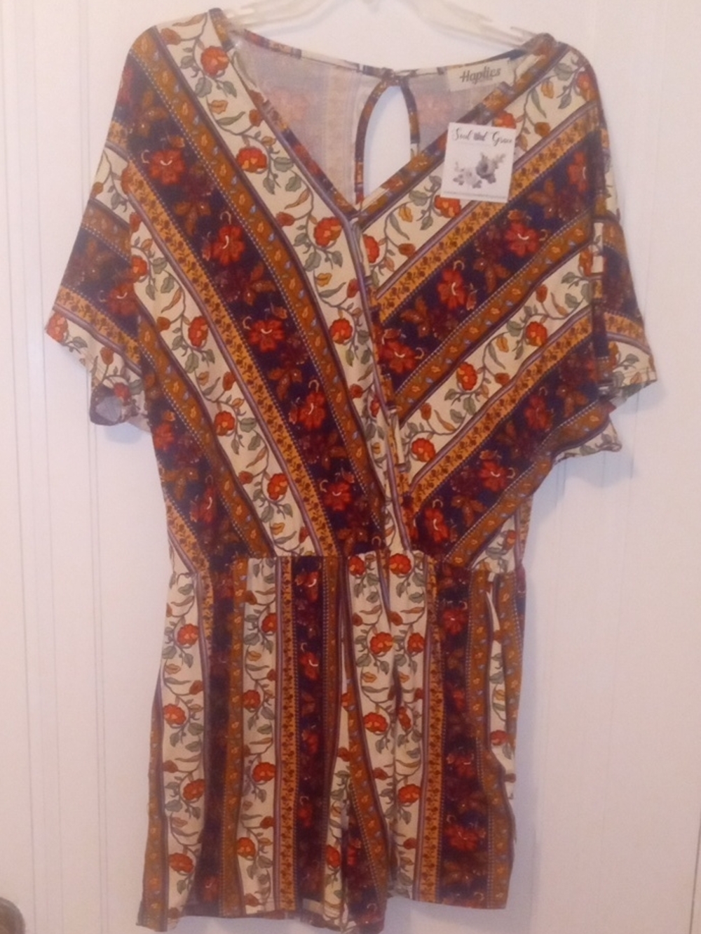 Women 2x Floral Stripe Boho short romper in Cream and Rust